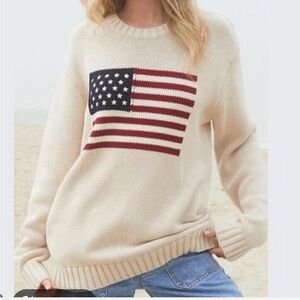 Brandy Melville Cream American Flag Crew Sweater with Red & Navy